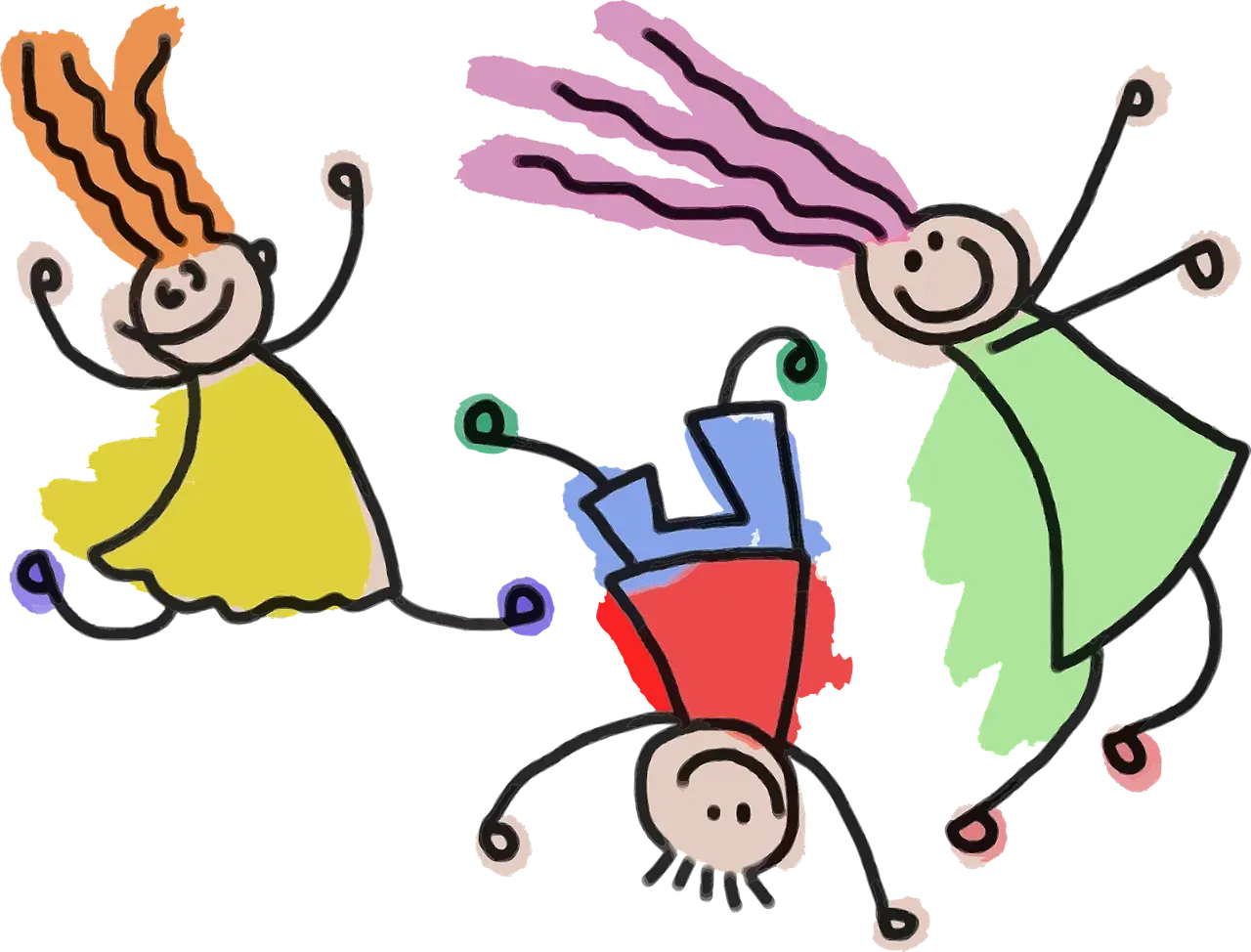 Illustration: drei Kinder springen und purzeln durcheinander