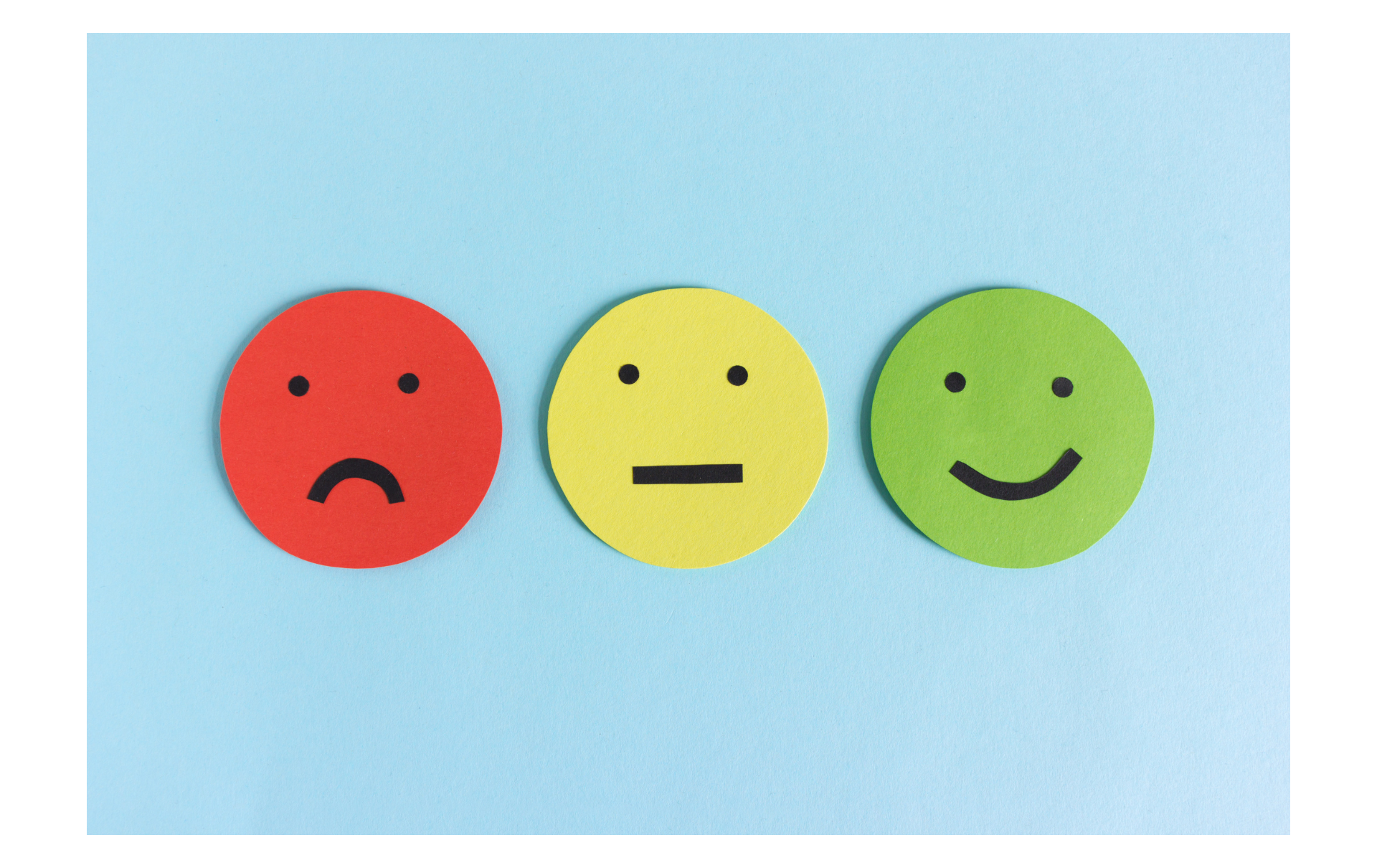 Drei Smileys: traurig, neutral und fröhlich