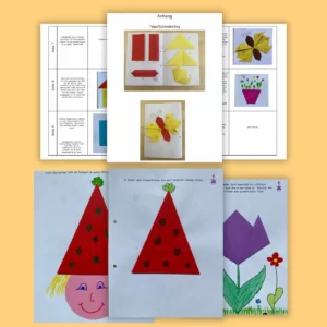 Gefaltete Papierfiguren aus der Frühlings-Faltgeschichte: Karli Kasperl, Tulpe und Schmetterling