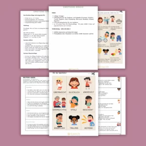 Spielanleitung und Gefühlskarten aus dem Emotions-Bingo mit Illustrationen